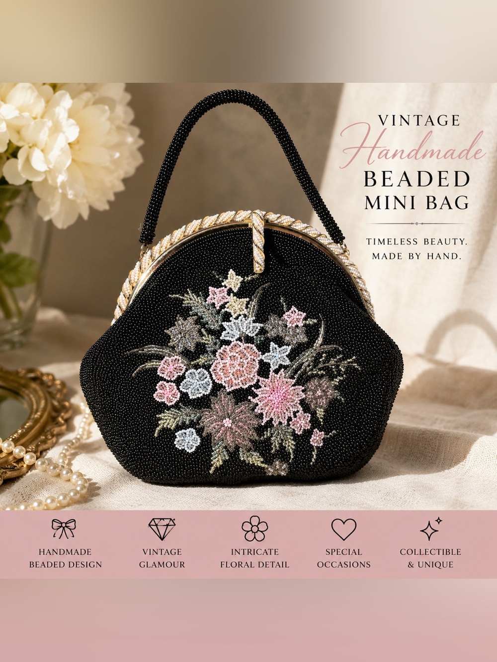 Handmade Black Micro Beaded Floral Mini Bag Kiss Lock Purse Embroidered Handbag
